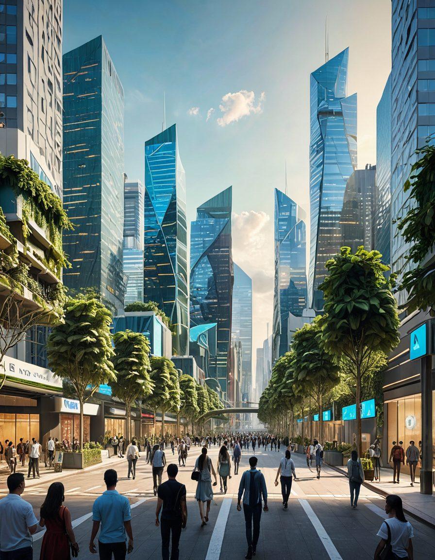 A futuristic city skyline showcasing digital screens with citizens actively engaging in e-government platforms, displaying services like voting and public feedback on the screens. Below, a diverse group of happy citizens using smartphones and tablets, connecting with government services seamlessly. The environment should feel vibrant and modern, with greenery integrated into urban design. super-realistic. vibrant colors. 3D.