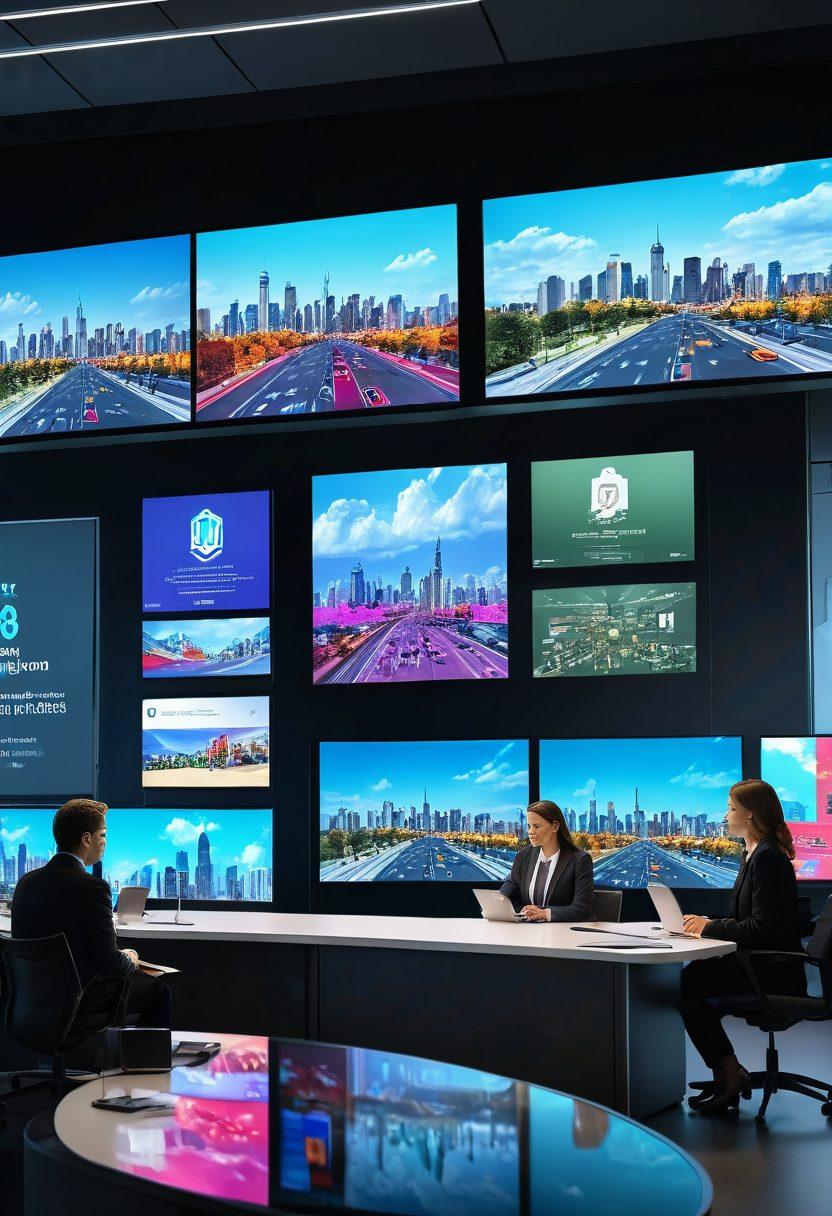 A dynamic digital landscape showing diverse government officials engaged in virtual meetings with citizens, vibrant screens displaying digital communication tools, icons of efficiency like gears and checklists emerging from clouds above, a backdrop of a modern city skyline. super-realistic. vibrant colors. 3D.