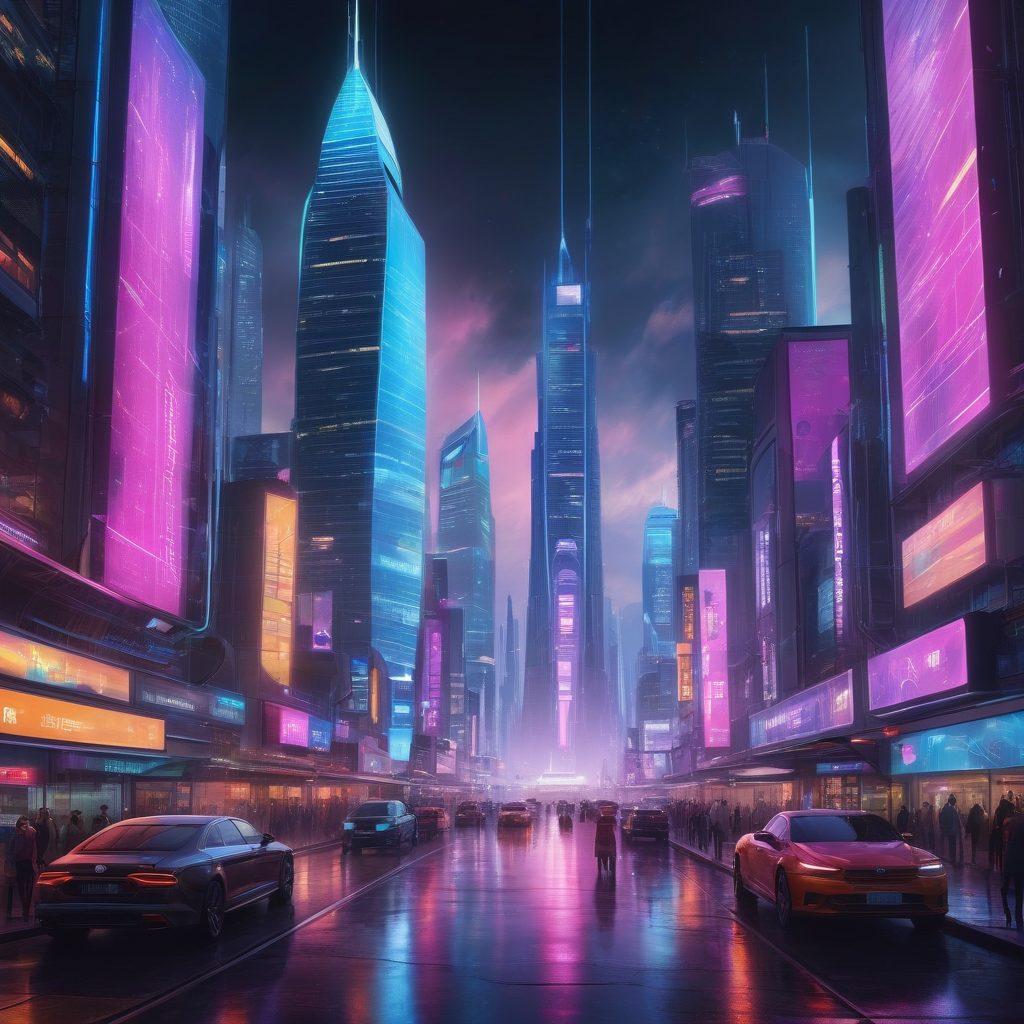 A futuristic city skyline showcasing innovative digital infrastructure, featuring sleek buildings interconnected with glowing data streams and holographic displays. Inhabitants interact with smart kiosks and drones, symbolizing seamless public services. The scene is vibrant, illustrating a harmonious blend of technology and community engagement. super-realistic. vibrant colors. cyberpunk.